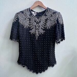 Vintage Laurence Kazar Beaded Short Sleeve Blouse Black Multicolor Sequin Tops S